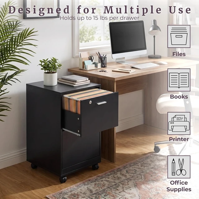 Alt view image 5 of 7 - Black 2-Drawer Wooden File Cabinet with Lock, 16 x 27