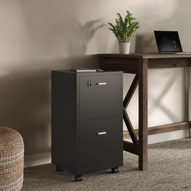 Alt view image 7 of 7 - Black 2-Drawer Wooden File Cabinet with Lock, 16 x 27
