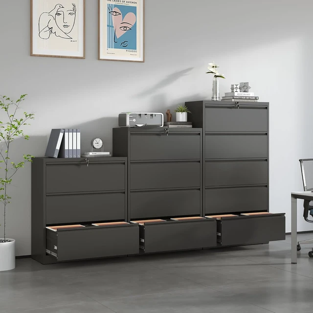 Alt view image 2 of 6 - 4 Drawer Lateral Black Metal File Cabinet with Lock