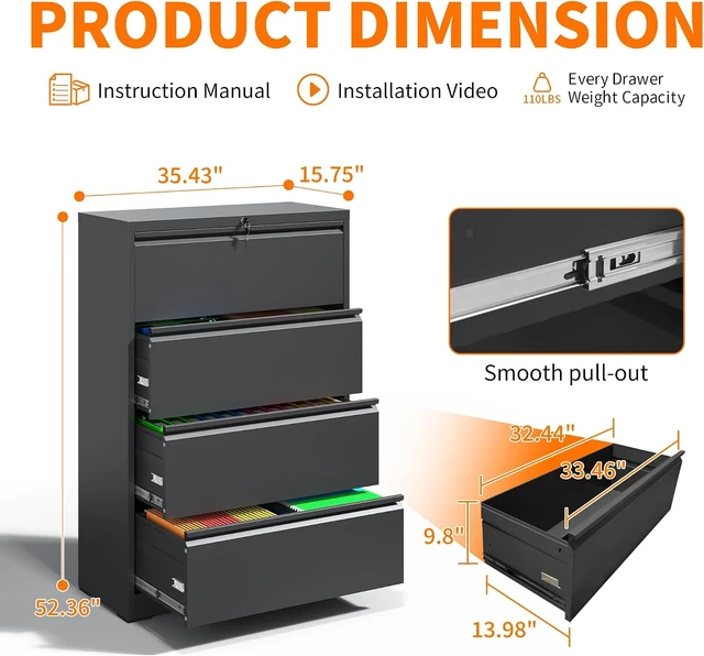 Alt view image 3 of 6 - 4 Drawer Lateral Black Metal File Cabinet with Lock