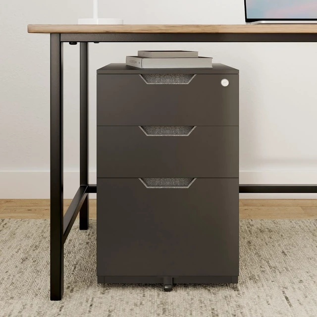 Alt view image 2 of 6 - 3-Drawer Mobile File Cabinet with Lock Rolling Cabinet for Hanging Files, Black, 20.71" D x 15.51" W x 24.29" H
