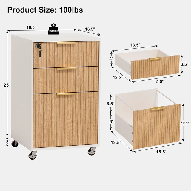 Alt view image 2 of 6 - 3 Drawer Fluted Mobile File Cabinet with Lock Rolling Printer Stand Table, Under Desk Wooden Cabinet for Letter/A4 (Oak)
