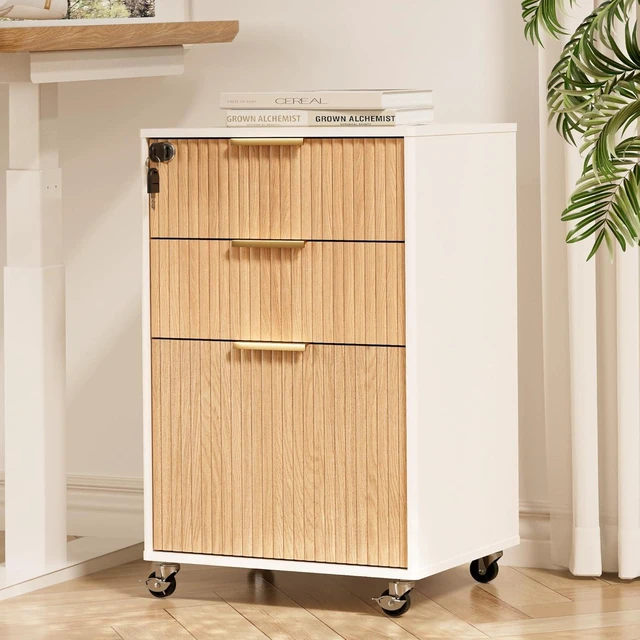 Main image of 3 Drawer Fluted Mobile File Cabinet with Lock Rolling Printer Stand Table, Under Desk Wooden Cabinet for Letter/A4 (Oak)