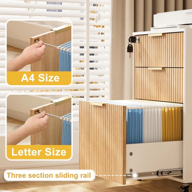Alt view image 4 of 6 - 3 Drawer Fluted Mobile File Cabinet with Lock Rolling Printer Stand Table, Under Desk Wooden Cabinet for Letter/A4 (Oak)
