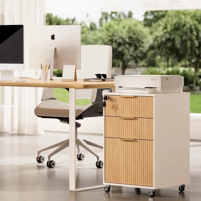 Alt view image 6 of 6 - 3 Drawer Fluted Mobile File Cabinet with Lock Rolling Printer Stand Table, Under Desk Wooden Cabinet for Letter/A4 (Oak)