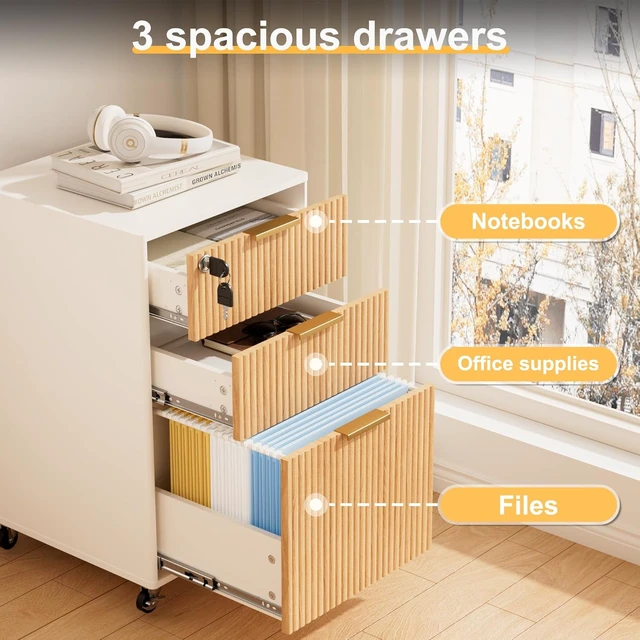 Alt view image 5 of 6 - 3 Drawer Fluted Mobile File Cabinet with Lock Rolling Printer Stand Table, Under Desk Wooden Cabinet for Letter/A4 (Oak)