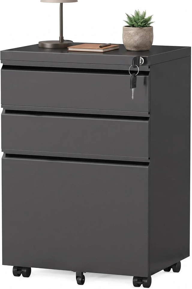 Main image of Fully Assembled 3-Drawer Under Desk Mobile File Cabinet with Lock