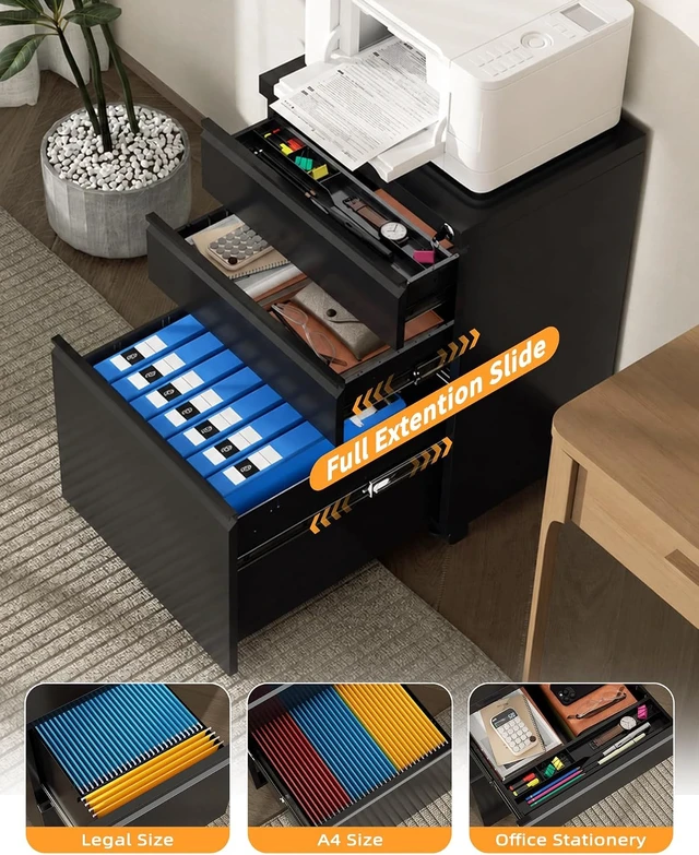 Alt view image 4 of 7 - Fully Assembled 3-Drawer Under Desk Mobile File Cabinet with Lock