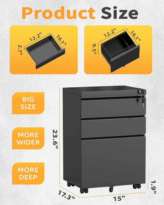 Alt view image 3 of 7 - Fully Assembled 3-Drawer Under Desk Mobile File Cabinet with Lock