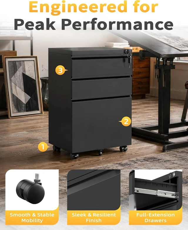 Alt view image 5 of 7 - Fully Assembled 3-Drawer Under Desk Mobile File Cabinet with Lock