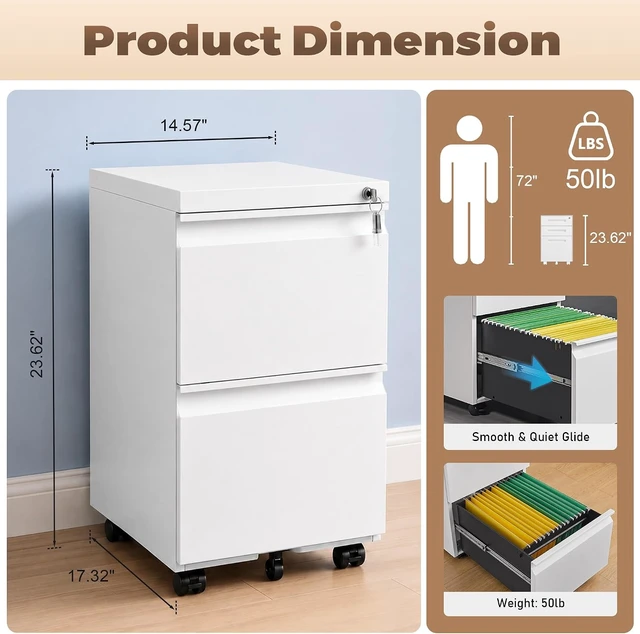 Alt view image 3 of 7 - 2 Drawer Metal File Cabinet Fully Assembled Locking Cabinet with Anti-Tipping Wheels, Quiet Slide, Heavy-Duty Steel, Fits A4 Letter Legal, Matte White