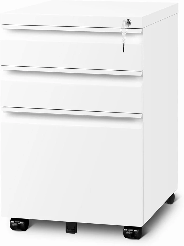 Main image of 3 Drawer File Cabinet with Lock Under Desk Locking Cabinet for A4/Letter/Legal, Fully Assembled Expect Casters, Matte White