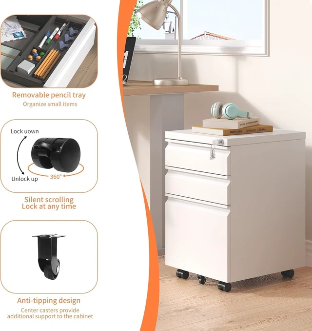 Alt view image 6 of 7 - 3 Drawer File Cabinet with Lock Under Desk Locking Cabinet for A4/Letter/Legal, Fully Assembled Expect Casters, Matte White