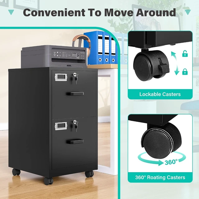 Alt view image 7 of 7 - 2 Drawer File Cabinet on Wheels Black Metal Rolling Cabinet with Lock & Casters, Under Desk for A4/Letter/Legal, Easy Assembly