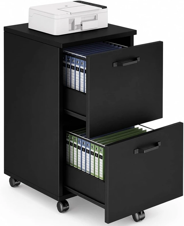 Main image of 2 Drawer Small Rolling Wood File Cabinet, Black