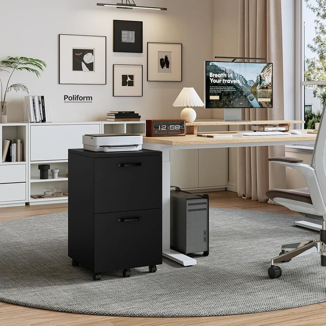 Alt view image 2 of 7 - 2 Drawer Small Rolling Wood File Cabinet, Black