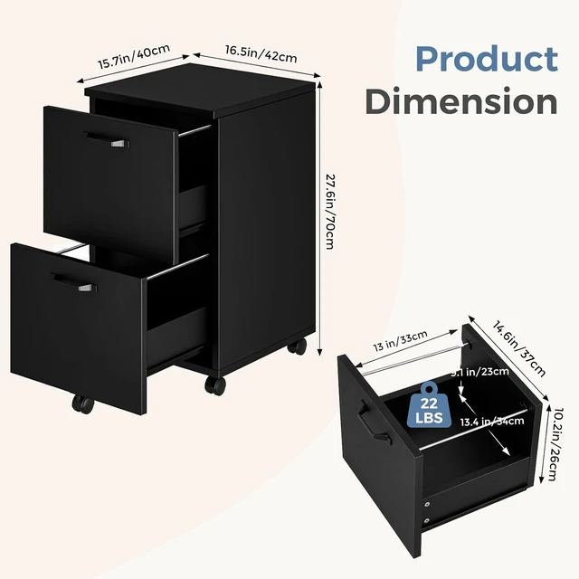 Alt view image 3 of 7 - 2 Drawer Small Rolling Wood File Cabinet, Black