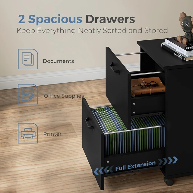 Alt view image 6 of 7 - 2 Drawer Small Rolling Wood File Cabinet, Black