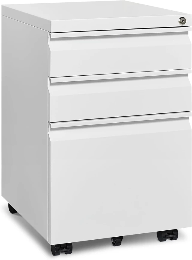 Main image of Mobile File Cabinet for Home Office Lockable 3 Drawer Filing Cabinet with Wheels for A4/Letter/Legal Size, Fully Assembled Except Casters, White