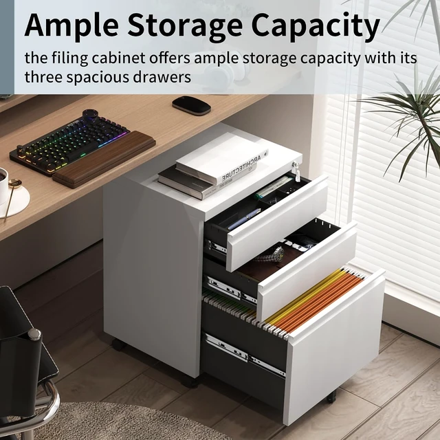 Alt view image 5 of 7 - Mobile File Cabinet for Home Office Lockable 3 Drawer Filing Cabinet with Wheels for A4/Letter/Legal Size, Fully Assembled Except Casters, White