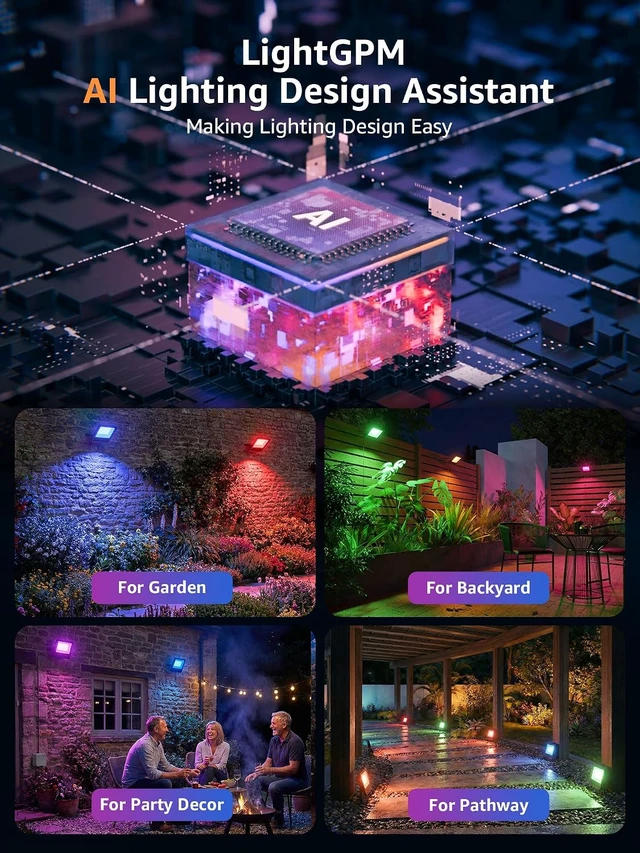 Alt view image 3 of 7 - F2 AI Flood Lights Outdoor 30W LED Smart Landscape Lighting with APP Control, IP65 Waterproof, 2700LM RGBW Color Changing, 2700K Warm White & 16M Colors, 4 Packs