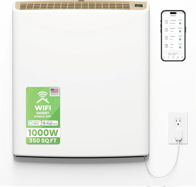 Main image of Smart MAX 1000W Wi-Fi Plug-in Electric Wall Heater Energy Efficient for Large Rooms, App Controlled with Thermal Shut Off Switch, Works with Alexa & Google Home