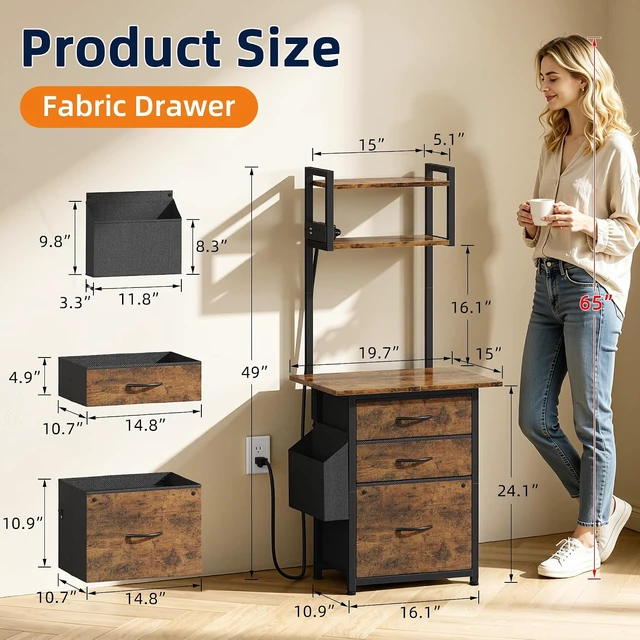 Alt view image 2 of 7 - 3 Drawer File Cabinet with Charging Station 49''H Tall 3-Tier Small Cabinet for Home Office, 20''*15'' for Small Printer, Fabric Drawer, Rustic Brown