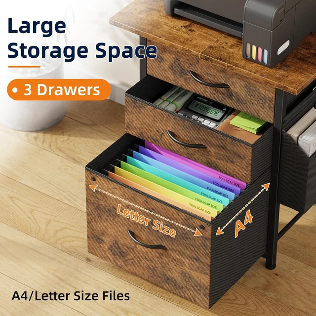 Alt view image 6 of 7 - 3 Drawer File Cabinet with Charging Station 49''H Tall 3-Tier Small Cabinet for Home Office, 20''*15'' for Small Printer, Fabric Drawer, Rustic Brown