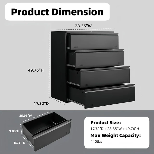 Alt view image 2 of 7 - Lateral 4 Drawer File Cabinet with Lock Heavy Duty Metal Cabinet for A4/Letter/Legal, Home Office (Matte Black)