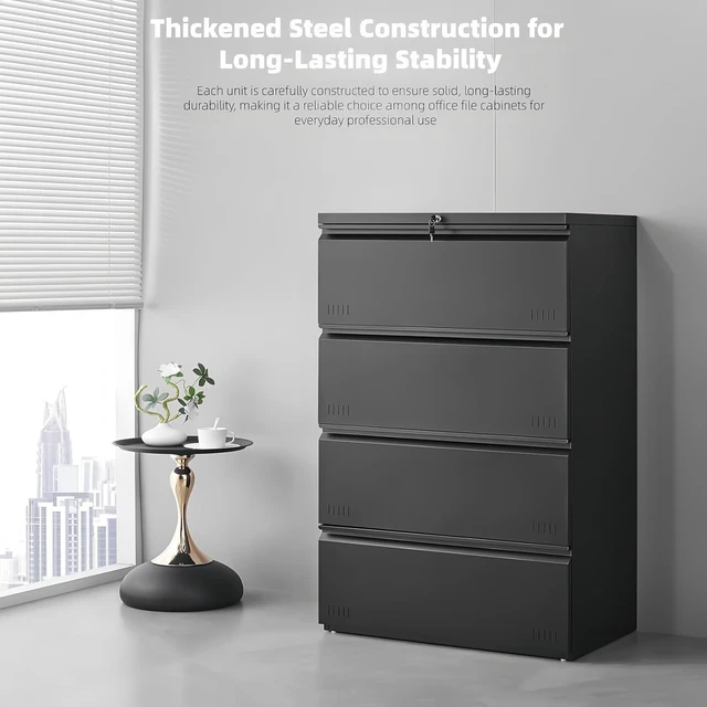 Alt view image 3 of 7 - Lateral 4 Drawer File Cabinet with Lock Heavy Duty Metal Cabinet for A4/Letter/Legal, Home Office (Matte Black)