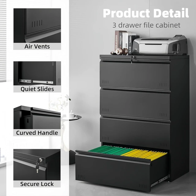 Alt view image 4 of 7 - Lateral 4 Drawer File Cabinet with Lock Heavy Duty Metal Cabinet for A4/Letter/Legal, Home Office (Matte Black)