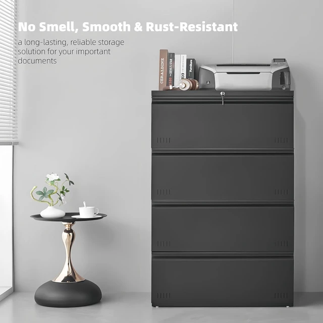 Alt view image 6 of 7 - Lateral 4 Drawer File Cabinet with Lock Heavy Duty Metal Cabinet for A4/Letter/Legal, Home Office (Matte Black)