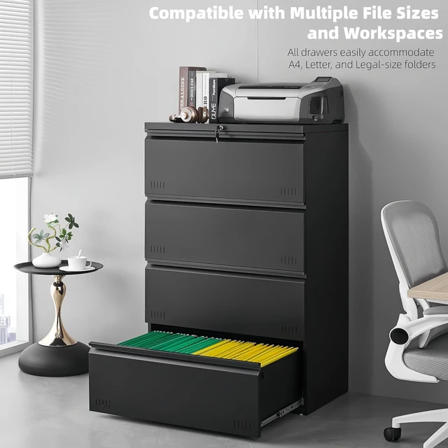 Alt view image 7 of 7 - Lateral 4 Drawer File Cabinet with Lock Heavy Duty Metal Cabinet for A4/Letter/Legal, Home Office (Matte Black)