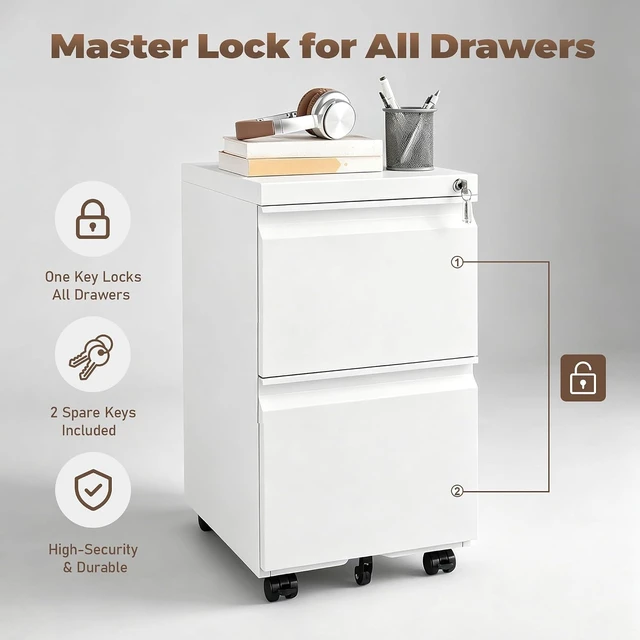 Alt view image 7 of 7 - 2 Drawer Metal File Cabinet Fully Assembled Locking Cabinet with Anti-Tipping Wheels, Quiet Slide, Heavy-Duty Steel, Fits A4 Letter Legal, Matte White