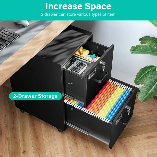 Alt view image 4 of 7 - 2 Drawer File Cabinet on Wheels Black Metal Rolling Cabinet with Lock & Casters, Under Desk for A4/Letter/Legal, Easy Assembly