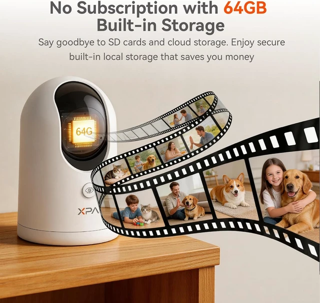 Alt view image 2 of 7 - 4K UHD Indoor Camera 64G Built-in Storage No Subscription, Pet Camera with Phone App, 360° Pan & Tilt, Two-Way Talk, Privacy Mode, AI Tracking/Detection