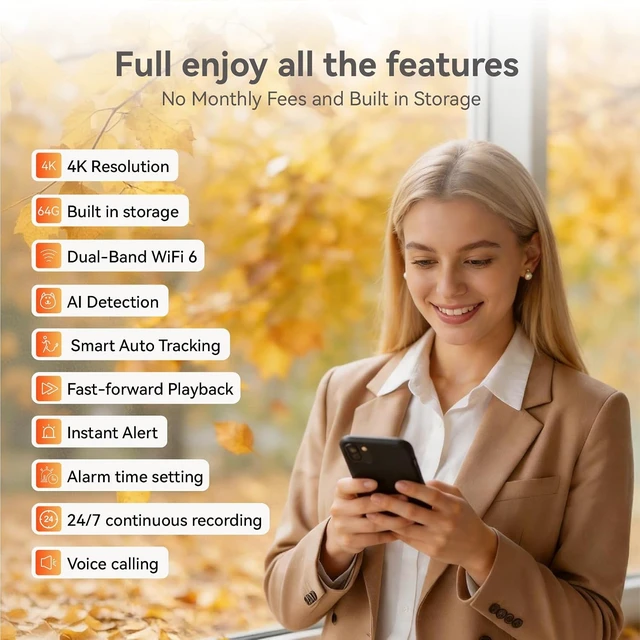 Alt view image 7 of 7 - 4K UHD Indoor Camera 64G Built-in Storage No Subscription, Pet Camera with Phone App, 360° Pan & Tilt, Two-Way Talk, Privacy Mode, AI Tracking/Detection