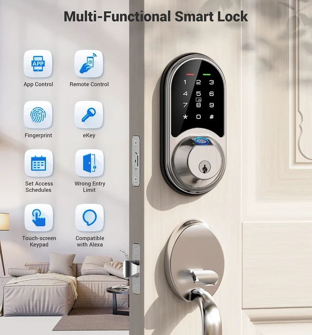 Alt view image 3 of 7 - RZ07 7-in-1 Keyless Entry Smart Lock Fingerprint & Biometric Door Lock with App Control, Electronic Touchscreen Keypad, Smart Deadbolt for Front Door, Satin Nickel