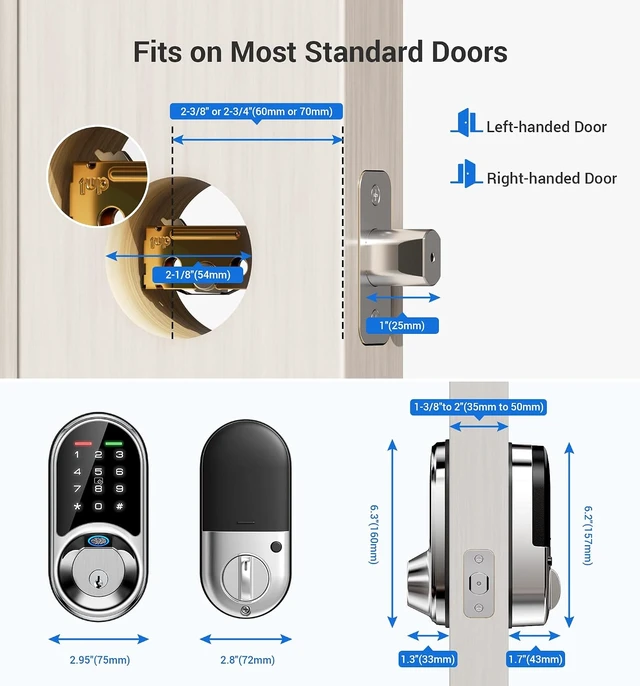 Alt view image 6 of 7 - RZ07 7-in-1 Keyless Entry Smart Lock Fingerprint & Biometric Door Lock with App Control, Electronic Touchscreen Keypad, Smart Deadbolt for Front Door, Satin Nickel