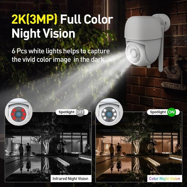 Alt view image 2 of 7 - 2K Wired 360° PTZ Outdoor Security Camera Color Night Vision, 2.4GHz Wi-Fi, Spotlight, Alarm Siren, 2-Way Audio, Motion Detection, SD/Cloud Storage, IP65