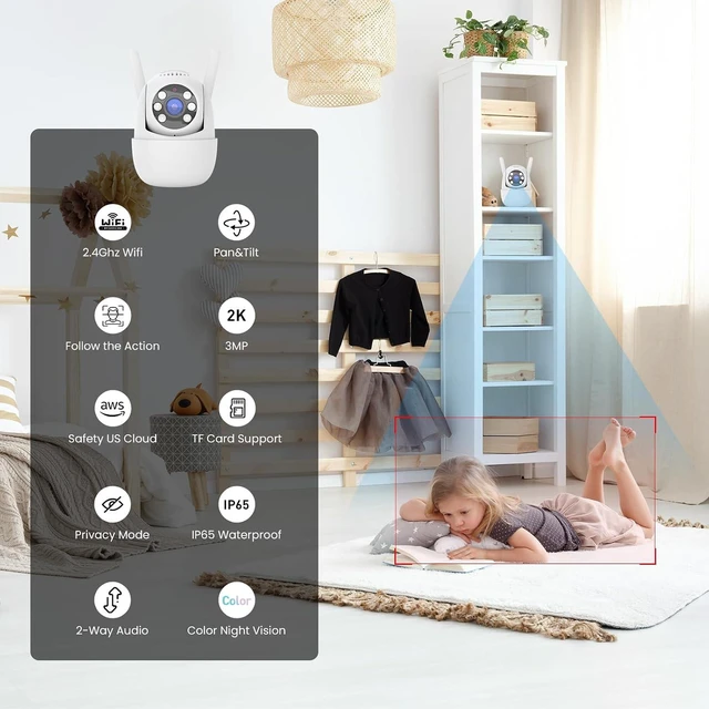 Alt view image 7 of 7 - 2K Wired 360° PTZ Outdoor Security Camera Color Night Vision, 2.4GHz Wi-Fi, Spotlight, Alarm Siren, 2-Way Audio, Motion Detection, SD/Cloud Storage, IP65