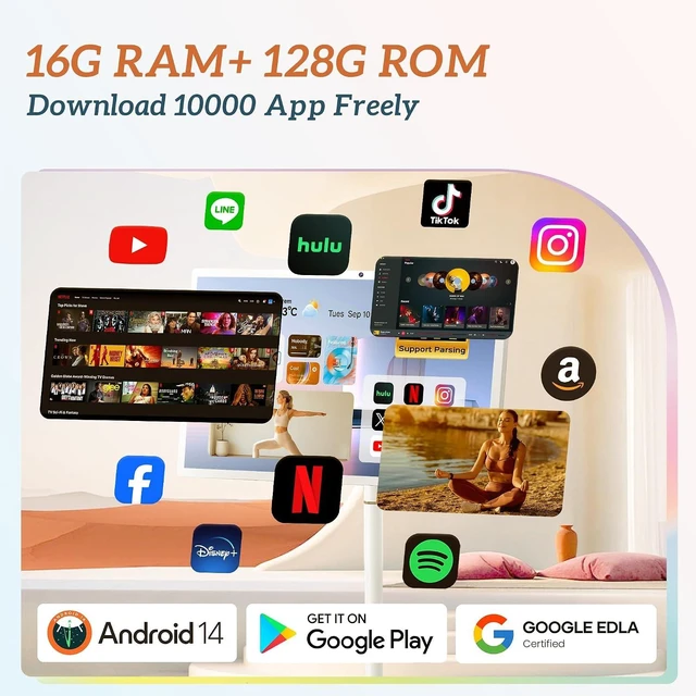 Alt view image 4 of 7 - 32" Portable Smart TV on Wheels Qualcomm CPU, EDLA-Certified, Android 14, 22000mAh Battery, 16+128GB, Full Swivel Rotation, Remote Control, 13MP Webcam