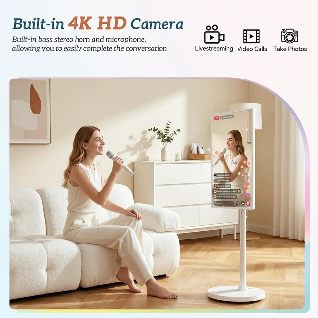 Alt view image 6 of 7 - 32" Portable Smart TV on Wheels Qualcomm CPU, EDLA-Certified, Android 14, 22000mAh Battery, 16+128GB, Full Swivel Rotation, Remote Control, 13MP Webcam
