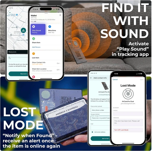 Alt view image 5 of 6 - AirCard Pro Dual Bluetooth Wallet Tracker iOS Find My & Google Android Find Hub Compatible, Wireless Charging, Anti-Loss Smart Locator, Gray