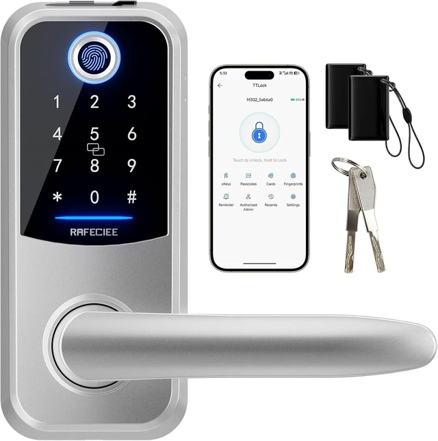Main image of Smart Keyless Entry Door Lock with Handle Electronic Keypad & Fingerprint Door Knob for Exterior Front Door, Easy Install, Silver