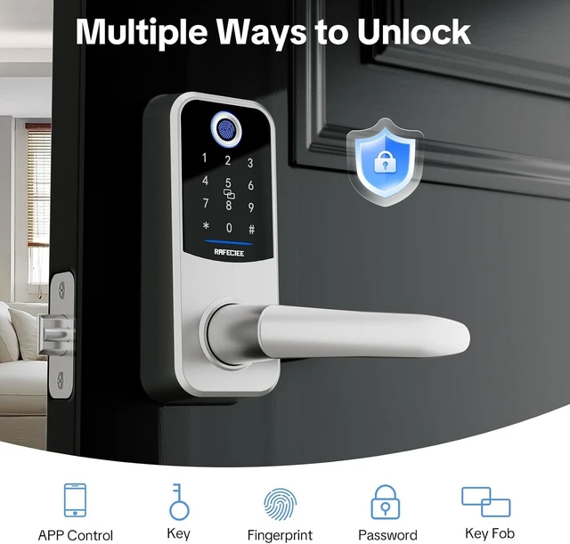Alt view image 2 of 7 - Smart Keyless Entry Door Lock with Handle Electronic Keypad & Fingerprint Door Knob for Exterior Front Door, Easy Install, Silver