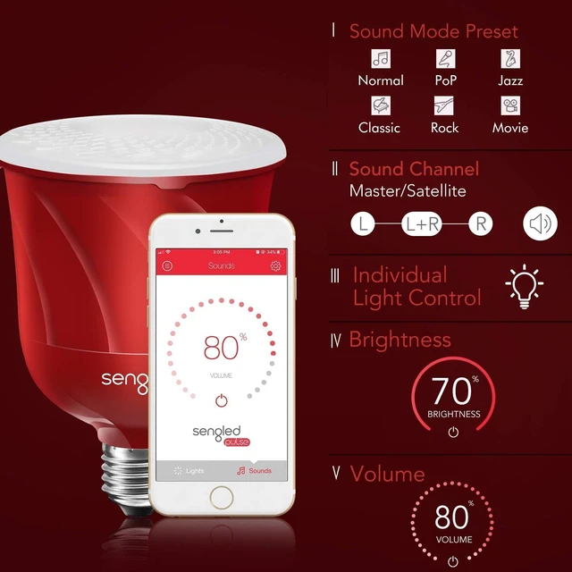 Alt view image 3 of 7 - Pulse LED Smart Bulb with JBL Bluetooth Speaker App Controlled, up to 8 BR30 Bulbs, E26 Base, Alexa Compatible, Candy Red, 2 Pack