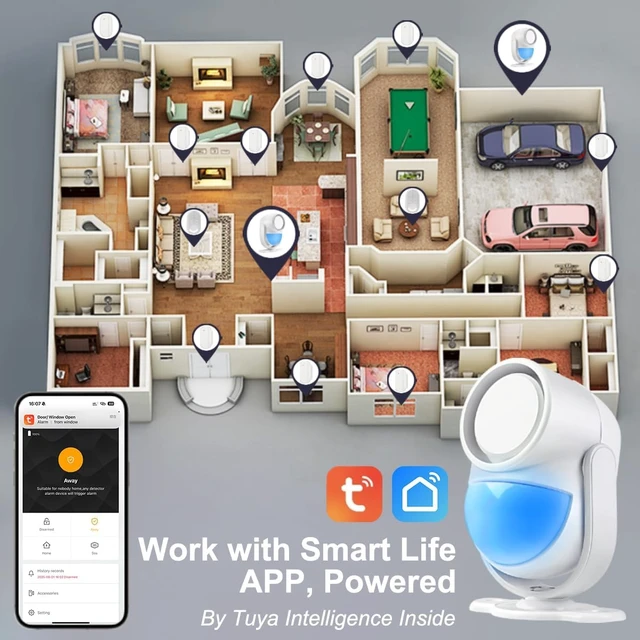 Alt view image 2 of 7 - WiFi PIR Motion Detector Alarm with 4 Door Sensors & 2 Remotes 120dB Home Alarm System with Phone App Alerts
