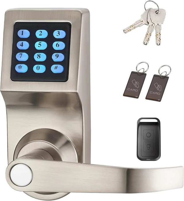 Main image of Digital Door Lock Remote Control, M1 Card, Code & Key Unlock, Reversible Handle Direction