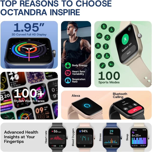 Alt view image 2 of 7 - Inspire VeryFit 1.95" Smart Watch with Alexa & Bluetooth Call Heart Rate, HRV, Oxygen Saturation, Sleep Monitor, Step Tracker, IP68 for Men Women (Blue)